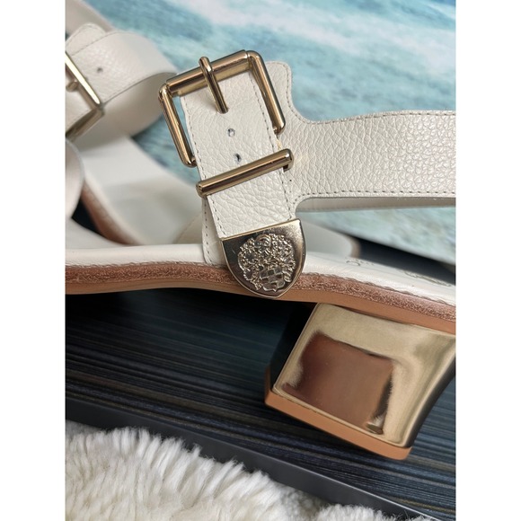👟Vince Camuto Women White Pebbled Leather Gold Block Heel Buckle Sandals Size11 - Picture 6 of 10